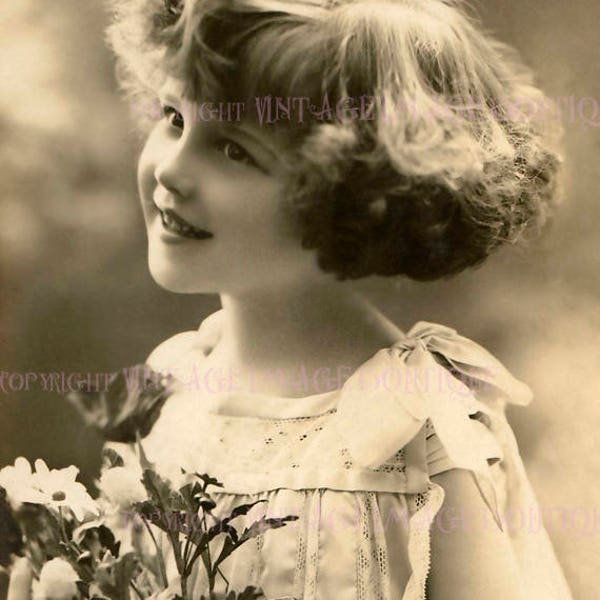 Lovely Antique 1920's Image Of A Darling Little Girl Holding A Bouquet Of Flowers 5x7 Greeting Card