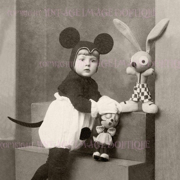 Adorable 1930's Black And White Photo Portrait Of A Darling Little Child Posed In A Mickey Mouse Costume  5x7 Greeting Card