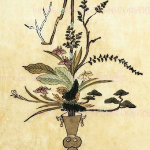 Antieke 16e-eeuwse Japanse Ikebana-bloemkunst bloem Ikenobo-arrangement illustratie één wenskaart van 5 x 7