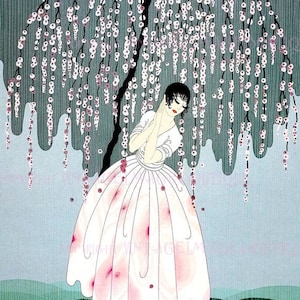 Magnifique illustration couleur Art déco des années 1920 d'une femme coquette à la mode se retranchant sous un cerisier en fleurs 5 x 7 cartes