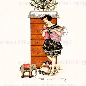 Adorabile illustrazione degli anni '20 di una bambina con le sue bambole e un elefante giocattolo, regalo di Natale, biglietto d'auguri per il solstizio d'inverno, formato 5x7