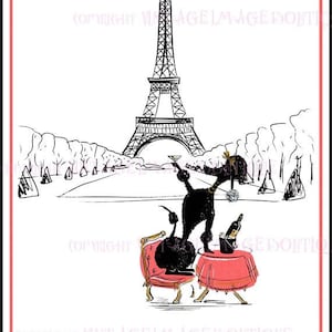 Fabelhafte 1950er Jahre kitschige Illustration eines schwarzen französischen Pudels am Eiffelturm in Paris 5x7 Grußkarte