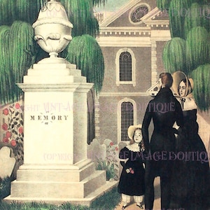 Lovely Antique Early Victorian Funerary Engraving Of A Family In Mourning Attire Beside A Grave 5x7 Greeting Card