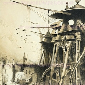 Ancienne illustration d'ex-libris victorien de la guerre des mondes extraterrestres attaquant l'invasion Steampunk fantastique carte de voeux 5 x 7