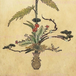 Ilustração de arranjo floral japonês antigo do século XVI, ikebana, ikenobo, dois cartões comemorativos de 5x7