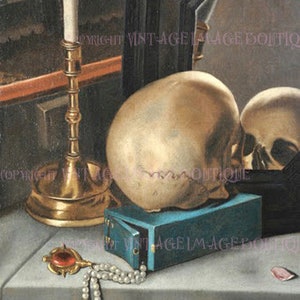 Hermosa Vanitas Memento Mori holandesa antigua del siglo XVII de una calavera mirando su reflejo en un espejo de luto 5x7 Tarjeta de felicitación