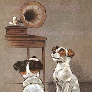 Vintage 1920er Jahre Illustration von zwei Terriern, die ein Grammophon 5x7 Grußkarte hören