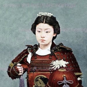 Antikes koloriertes Foto einer japanischen Samurai-Kriegerin aus dem 19.