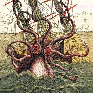 Carte de voeux fantasmagorique 5 x 7 ans, début du XIXe siècle, illustration couleur d'un céphalopode géant Kraken attaquant un navire