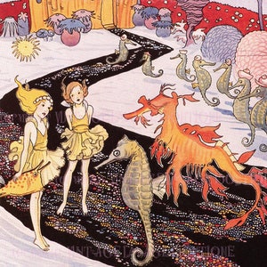 Deliziosa illustrazione vintage degli anni '30 di fate marine / fate sott'acqua con cavallucci marini, biglietto d'auguri 5x7