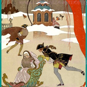 Antique des années 1920 Belle illustration de style géorgien de patineurs sur glace Saison de Noël Solstice d’hiver Vacances 5x7 Carte de vœux