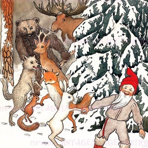 Prachtige antieke Zweedse aquarel illustratie van boskinderen in de sneeuw Kerstseizoen Winterzonnewende vakantie 5 x 7 wenskaart