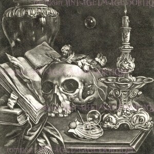 Spookachtige antieke 17e-eeuwse Nederlandse Vanitas Memento Mori zwart-wit houtsnede print rouw 5 x 7 wenskaart