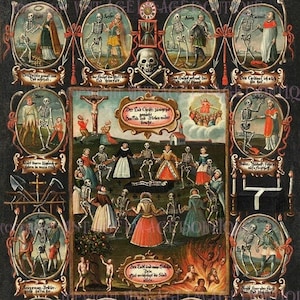 Allegorisch Deutsch 18.Jahrhundert Danse Macabre Tanz Des Todes Tanzende Skelette Tafelbild Phantasmagorical 15x7 Grußkarte