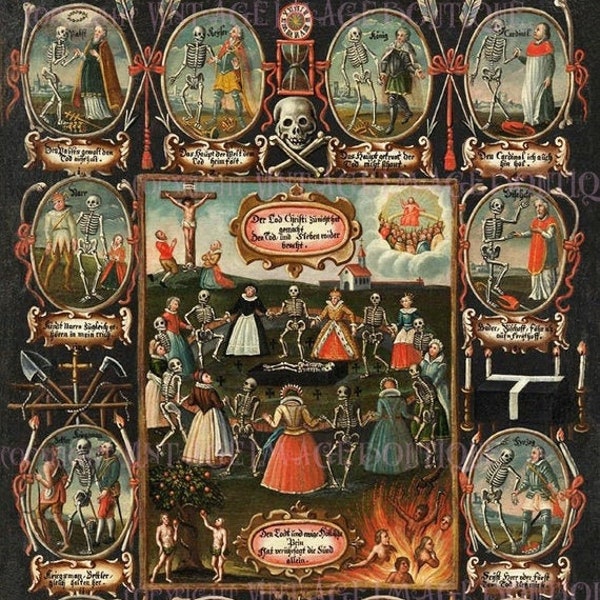 Allegorical German 18th Century Danse Macabre Dance Of Death Dancing Skeletons Panel Painting Phantasmagorical  5x7 Greeting Card