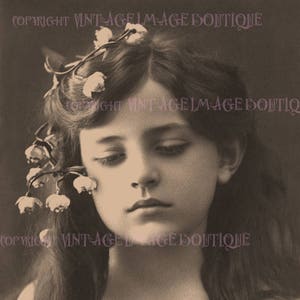 Lindo retrato fotográfico sépia antigo eduardiano de uma linda jovem com flores no cabelo, cartão comemorativo 5x7