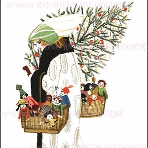 Antieke jaren 1920 art-deco winters tafereel van een vrouw met manden met speelgoed en een kerstboom Winterseizoen zonnewende vakantie 5 x 7 wenskaart