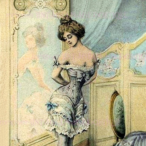 Antique Early Victorian Illustration Of A Coquette Lacing Up Her Corset  5x7 Greeting Card