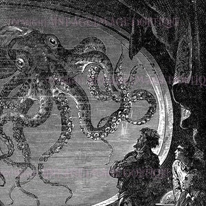 Ilustração vitoriana antiga em preto e branco do Capitão Nemo Vinte Mil Léguas Submarinas Fantasmagórica Cartão de Saudações 5x7