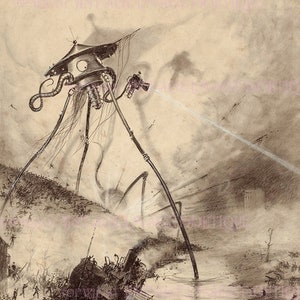 Ancienne illustration d'ex-libris victorien de la guerre des mondes invasion martienne steampunk fantasmagorique 5 x 7 carte de voeux
