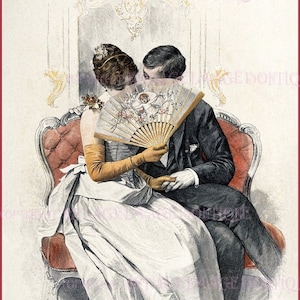 Belle illustration victorienne romantique d'un couple qui fait la cour chuchotant des mots d'amour derrière un fan Carte de voeux Saint-Valentin 5 x 7