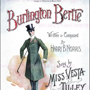 Antiguo Victorian Amusement Music Hall Star Drag King Vesta Tilley como Burlington Bertie Male Impersonator Entertainment 5x7 Tarjeta de felicitación