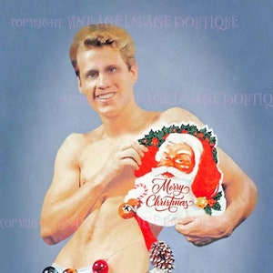 Fantastyczna 1950-letnia Yuletide Gay Beefcake Pin Up Model Sezon świąteczny Zimowe przesilenie Święta 5x7 Kartka okolicznościowa