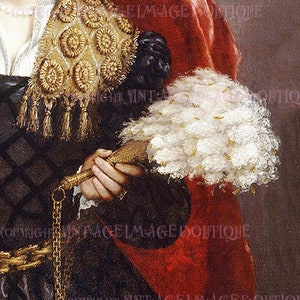 Ende des 16.Jahrhunderts Gemälde-Detail einer Frau in einem Brokat-Kleid mit einem Gold ummantelten weißen Federfächer 5x7-Grußkarte