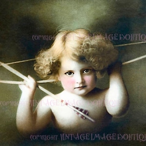 Belle photographie antique victorienne teintée à la main d’un jeune enfant chérubin en tant que Cupidon Saint-Valentin 5x7 Carte de vœux