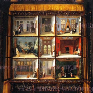 Dipinto olandese antico del XVIII secolo raffigurante una casa delle bambole elaborata e fantasmagorica, biglietto d'auguri 5x7