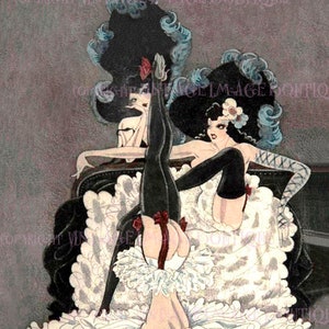 1920's Farbe Illustration Von Drei Französischen Cabaret Cancan Tänzerinnen 13x18 Grußkarte