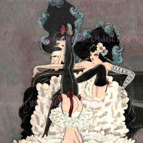 Wonderful 1920's Colour Illustration Of Three French Cabaret Cancan Dancers  5x7 Greeting Card