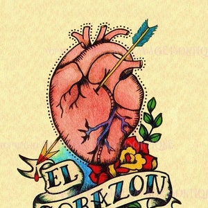 Linda ilustração de tatuagem mexicana vintage de um coração perfurado por uma flecha, cartão comemorativo de Dia dos Namorados 5x7