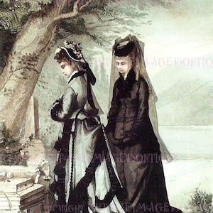 Schöne antike viktorianische französische Mode-Illustration von zwei Frauen in aufwendiger Trauer Kleidung 5x7 Grußkarte