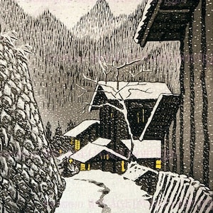 Vintage japanische schneebedeckte Bergdorf Winterszene Ferienzeit Sonnenwende 5x7 Grußkarte