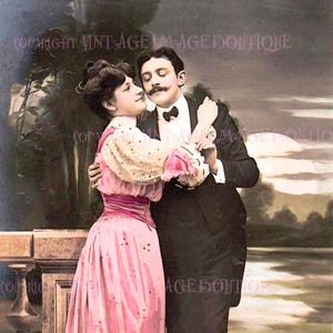 Joli couple victorien teinté à la main antique dans une étreinte romantique Saint-Valentin 5x7 Carte de vœux