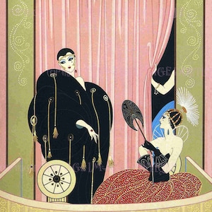 Maravilhosa ilustração colorida Art Déco dos anos 1920 de duas divas da moda na ópera, cartão comemorativo 5x7