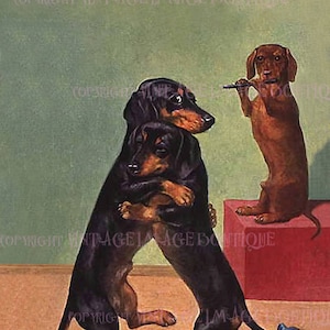 Cartão de felicitações adorável e antigo com um cachorro dachshund dançando atrevido 5x7
