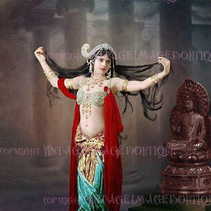 Wunderschöne antike Hand koloriertes Foto Porträt der Tänzerin Mata Hari in einem exotischen Kostüm 5x7 Grußkarte