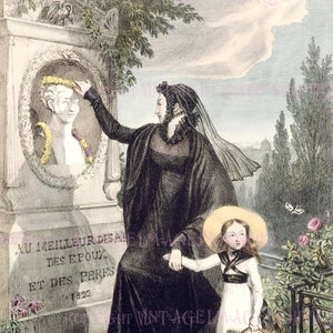 Eine antike Louis XVIII Ära französische Illustration einer Frau in Trauer Kleidung und ihre Tochter 5x7 Grußkarte