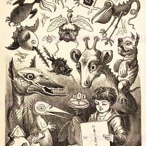 Entzückende viktorianische Illustration Eines Kleinen Jungen Lesen & umgeben von Phantastische Tierwesen Und imaginäre Geschöpfe 5x7 Grußkarte