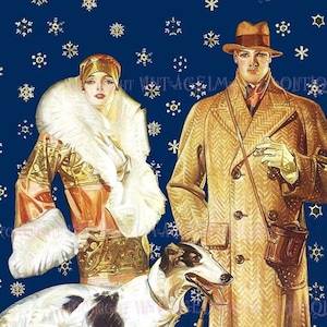 Antyczna elegancka para z lat 20. XX wieku i ich pies gończy Borzoi Zimowa scena Boże Narodzenie Zimowe przesilenie Święta 5x7 Kartka okolicznościowa