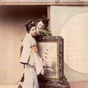 Schöne antike handgetönte späte viktorianische japanische lesbische Paar in Kimonos Hochzeit Lebenspartnerschaft Hochzeit 5x7 Grußkarte