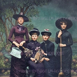 Antikes viktorianisches handkoloriertes Foto von vier jungen Damen, die als Hexen verkleidet sind Phantasmagorical 15x7 Grußkarte