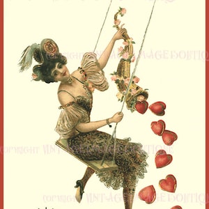 Schöne romantische viktorianische Illustration einer Frau auf einer Schaukel, die ein Füllhorn der Herzen Valentinstag 5x7 Grußkarte hält