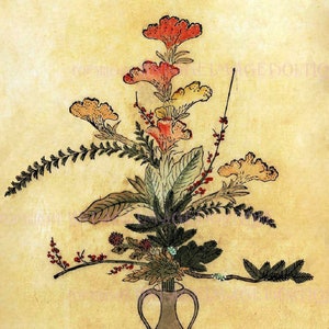 Antieke 16e-eeuwse Japanse Ikebana-bloemkunst bloem Ikenobo-arrangement illustratie drie wenskaarten van 5 x 7