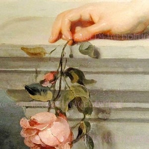 Spät viktorianische Malerei Detail einer Frau die Hand hält einen Stiel der rosa Kletterrose 5x7 Grußkarte
