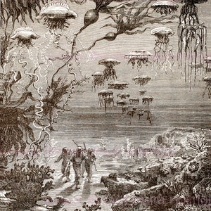 Ilustração vitoriana antiga em preto e branco do Capitão Nemo Vinte Mil Léguas Submarinas Fantasmagórica Cartão de Saudações 5x7