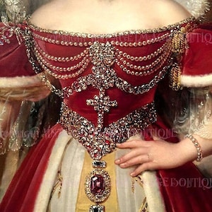 Ende des 17.Jahrhunderts Malerei Detail Eines Frau's Rotes Samt-Kleid mit Perlen und Juwelen 5x7-Grußkarte geschmückt