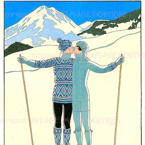Antique 1920's Art Déco Pareja en esquís Escena de invierno Temporada de Navidad Solsticio de invierno Vacaciones 5x7 Tarjeta de felicitación